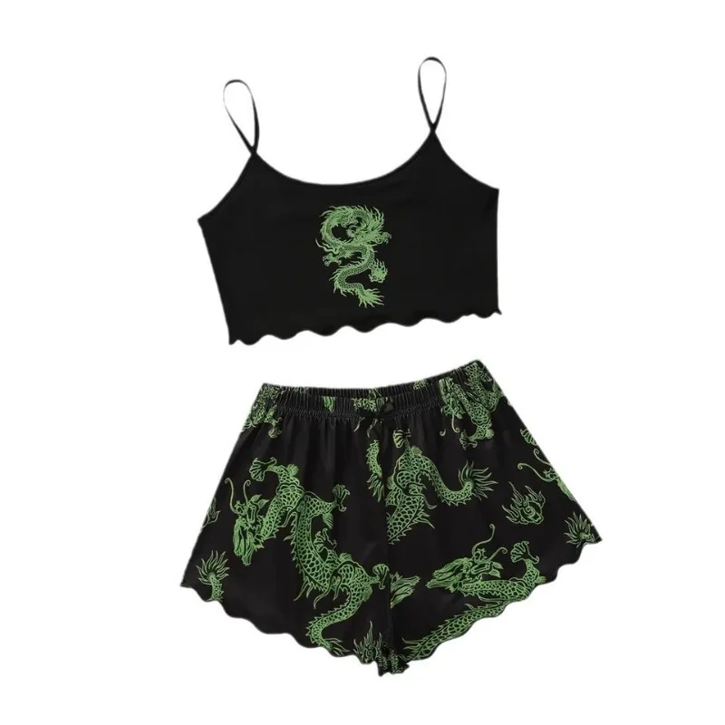 Sexy Nightwear Women Printed Dragon Vest Halter Top Shorts Leopard Print Pajamas Homewear Suit Ladies Sleepwear Loungewear