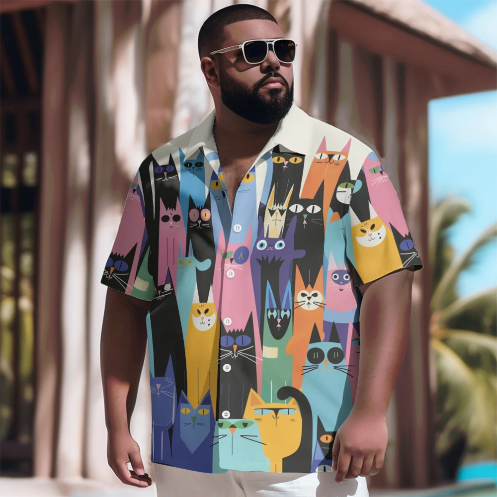 Creative Cartoon Kitten Printed New Hawaiian Shirt Men Casual Short Sleeve Tops Plus Size Summer Shirts