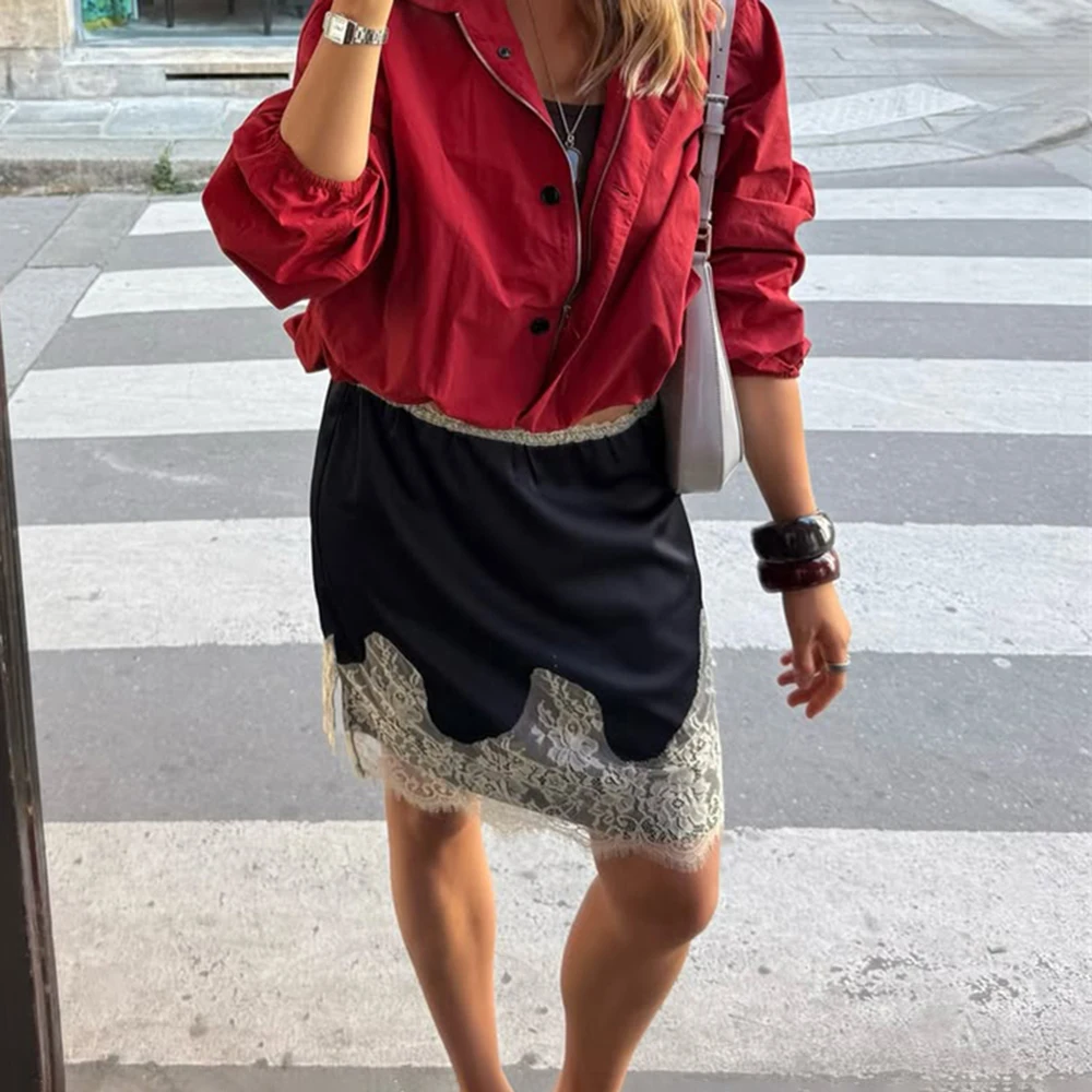 Tuularose Mode Satin Mini Rock frauen Neue Spitze Patchwork Eleganten Rock Herbst Hohe Taille Solide A-linie Spitze Rock Outfits