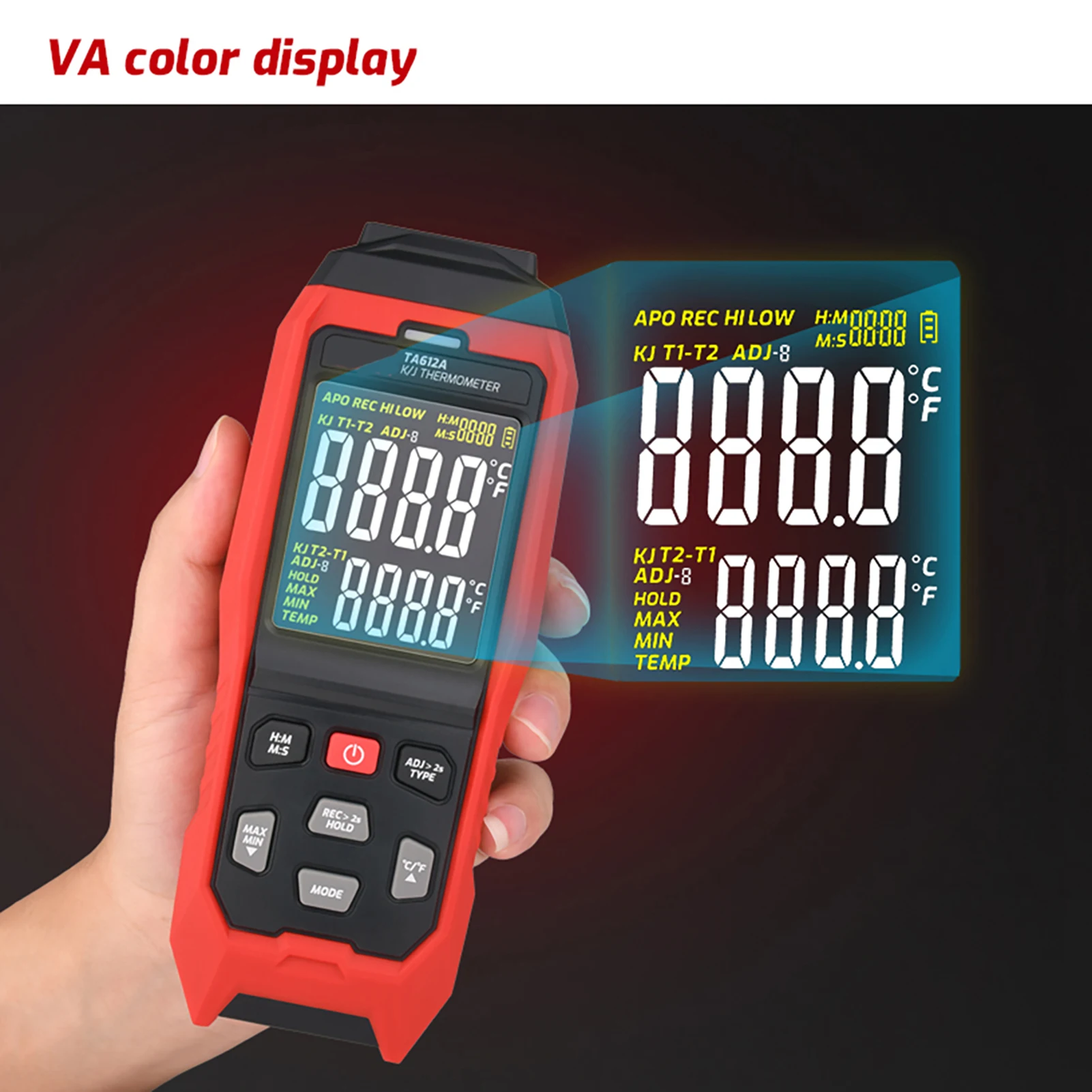 TA612A K J Thermocouple Thermometer with VA Color Display Sampling Rate 1 Hz for Battery Life Approx 15 Min Auto Off