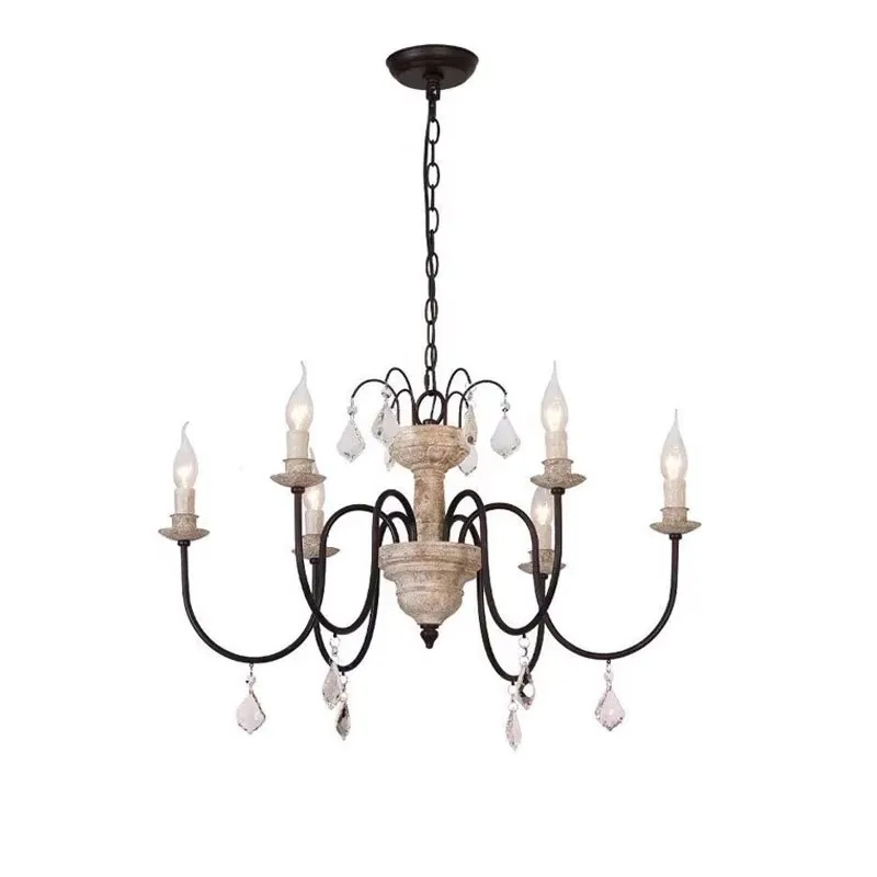 

6 Heads old French Wooden Chandelier Light Living Room Dining Room Bedroom Droplight Lighting Crystal Pendant Lamp