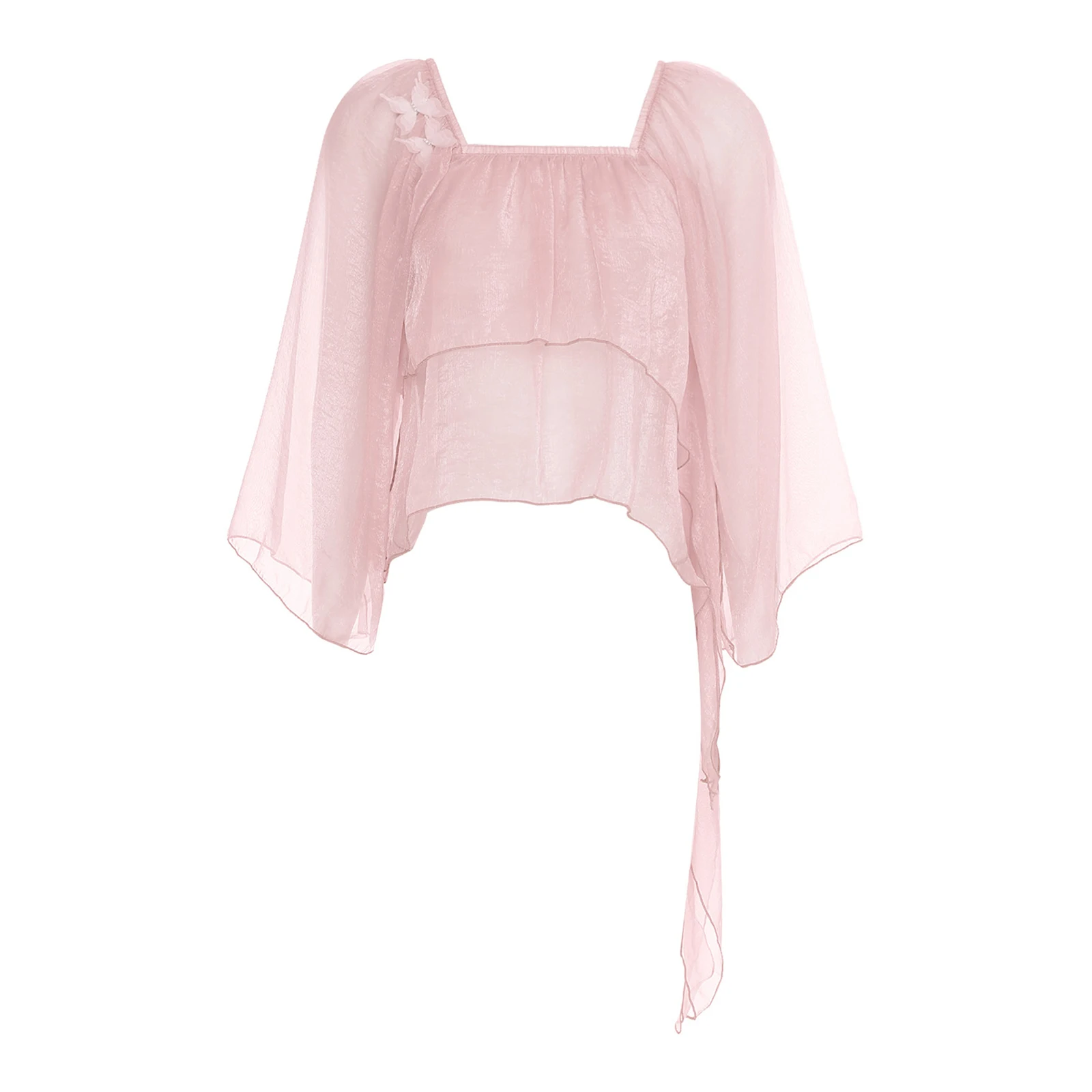 

Women Shimmering Sheer Blouse Tops Slit Flared Sleeve Tiered Flowy Cover Up with Butterfly Brooches Classical Dance Costume