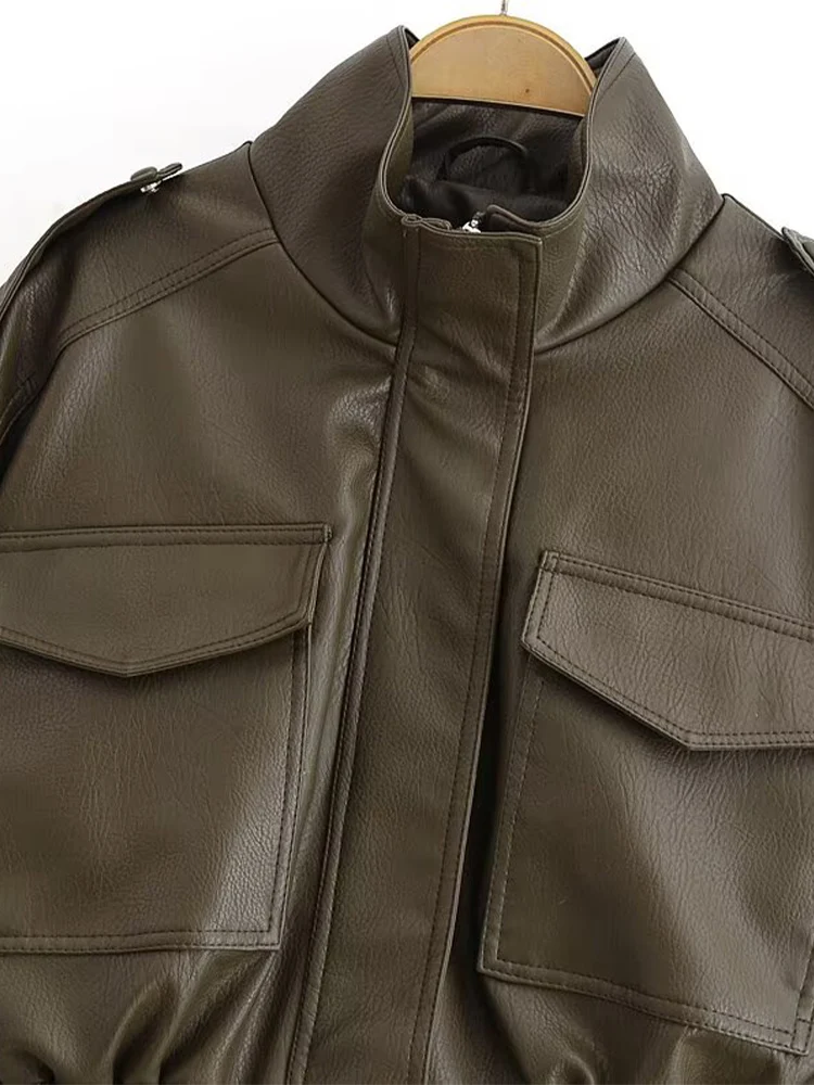 Europejska moda damska, uniwersalna, elegancka, błyszcząca kurtka z imitacji skóry, stójka, długi rękaw, krótka.