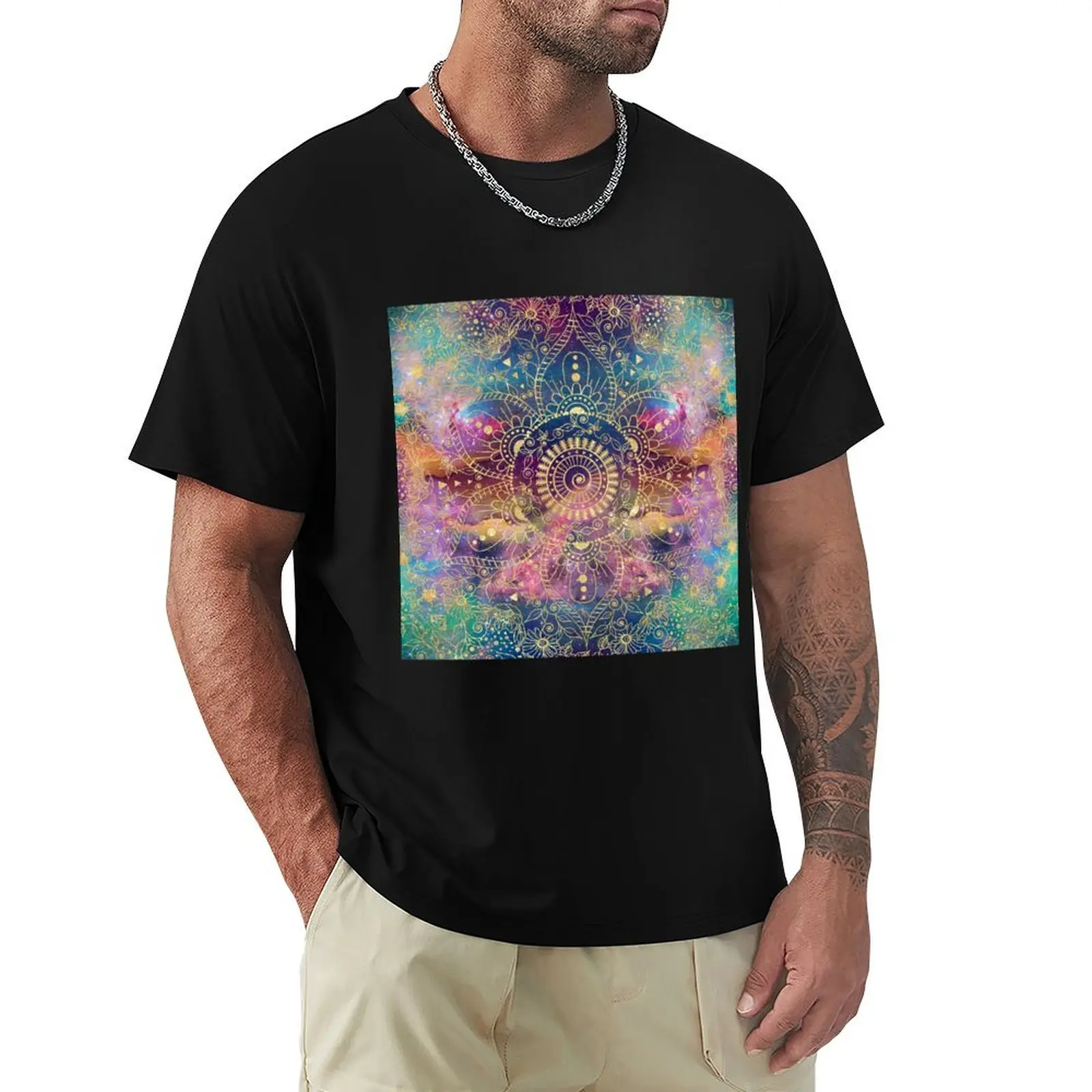 Gold Mandala Watercolor Colorful Nebula T-Shirt man t shirt designer T-Shirt