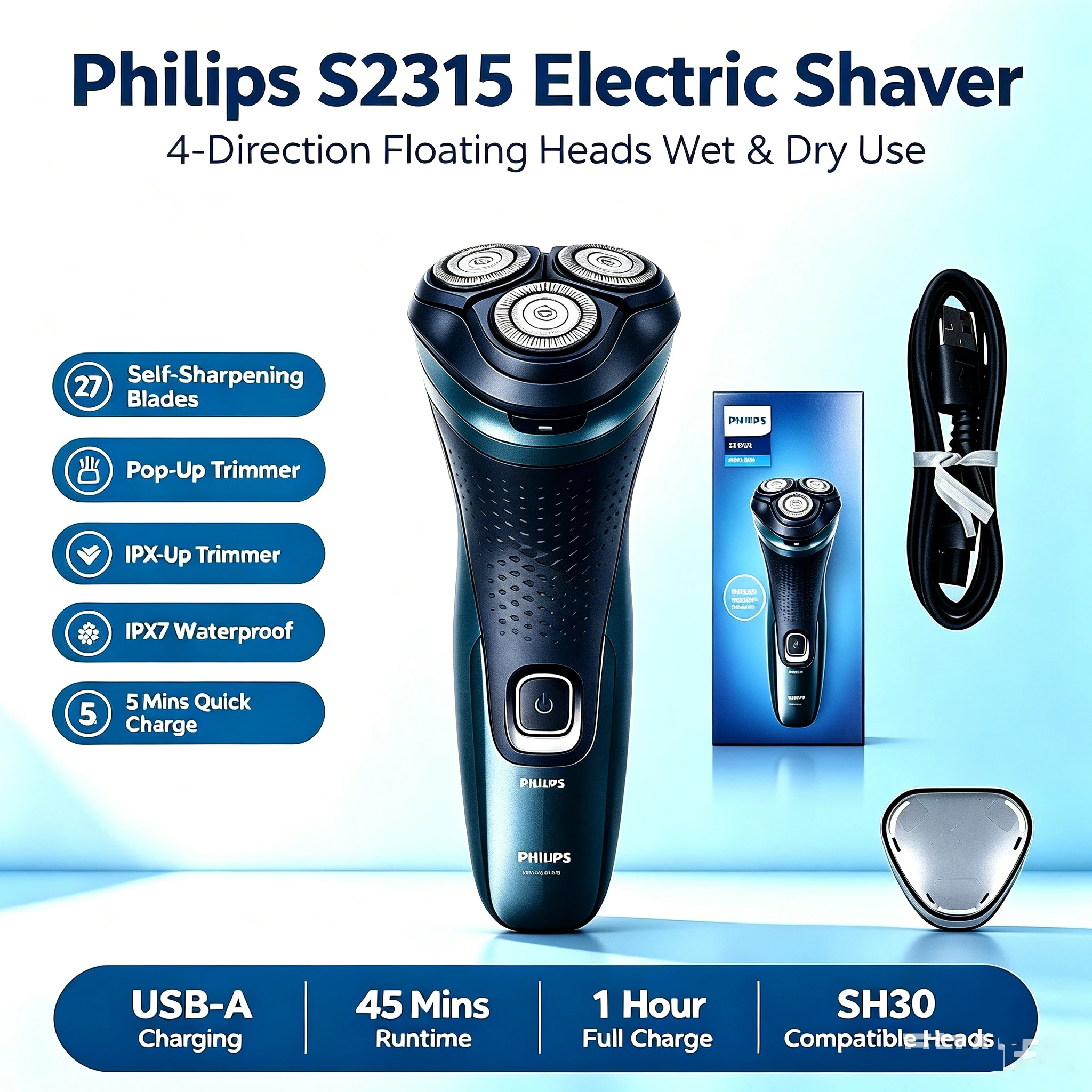 Philips S2315 Electric Shaver 4-Direction Floating Heads With Pop-Up Trimmer  Rechargeable Wet Dry Use Men Facial Razor