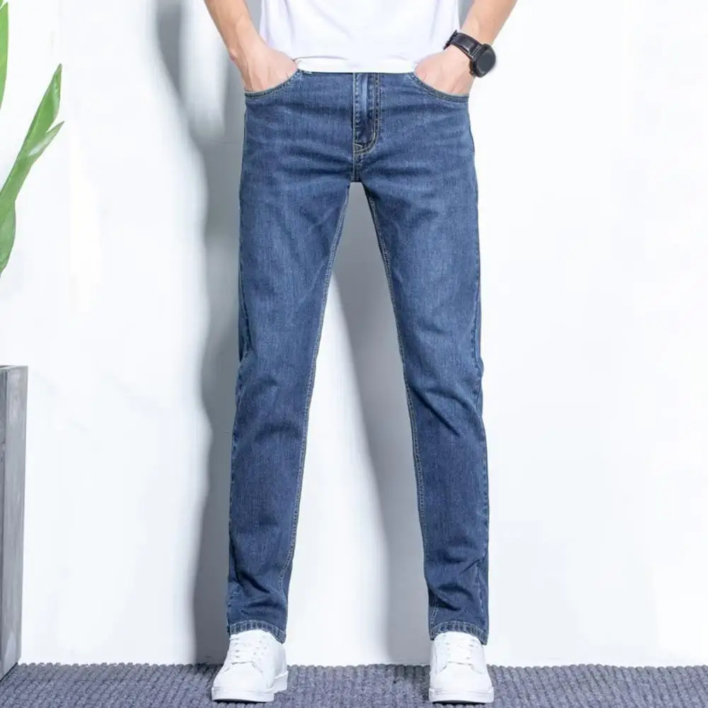 

Distressed Long Jeans with Pockets Stylish Men's Denim Pants Distressed Small-legged Jeans with Pockets Solid Color for Everyday