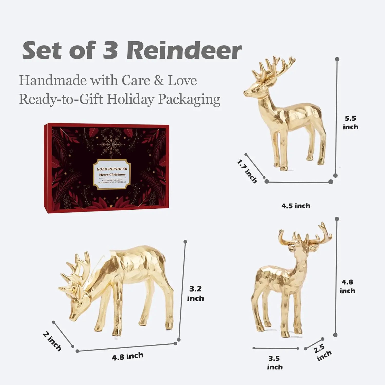 3Pcs Resin Gold Reindeer Statues Christmas Decor, Small Indoor Tabletop Deer Figurines Xmas Mantle Home Holiday Decor Ornaments