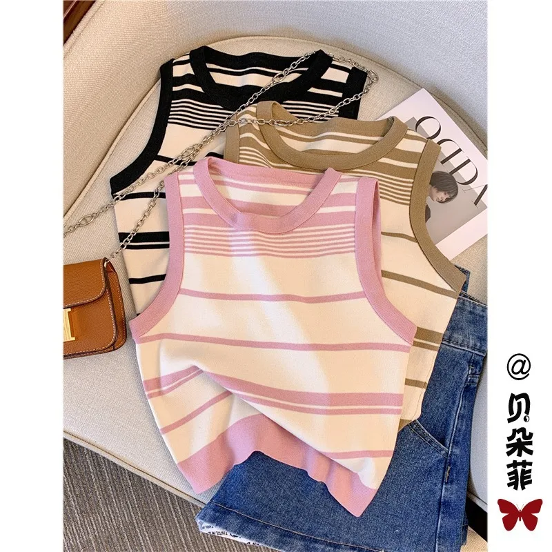 

Summer High Waist Knitted Suspended Tank Top for Women's Outwear Short Sleeveless T-shirt Sexy Striped Top tank top women