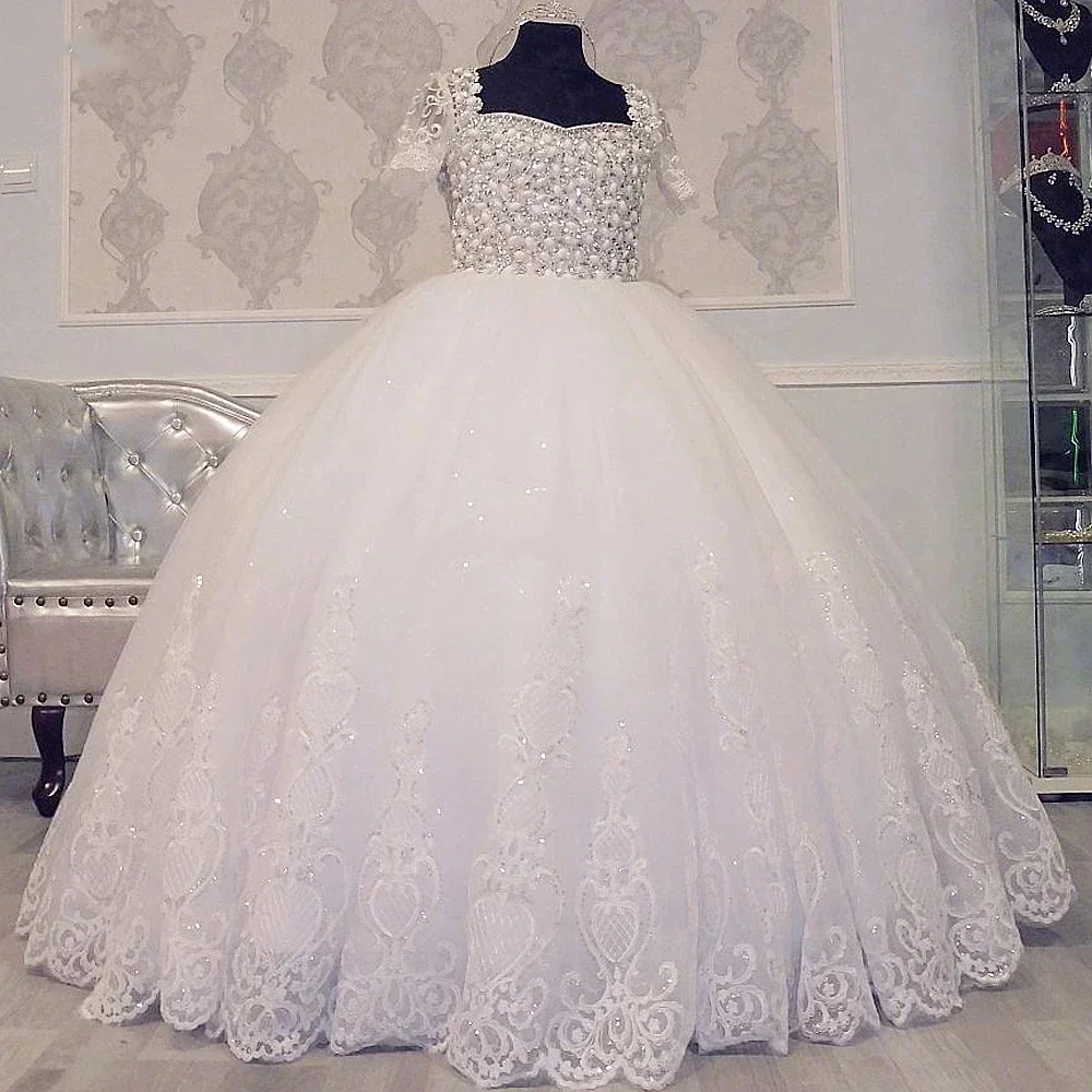 Squisito pizzo fiore ragazza vestito Tulle perle prima comunione abito da ballo principessa lungo Glitter bambino abiti da compleanno da sposa