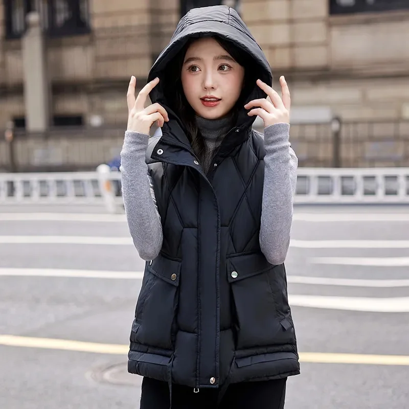 2023 New Women Sleeveless Puffer Vest Winter Warm Down Cotton Padded Jacket Female Hooded Veats Parkas Waistcoat