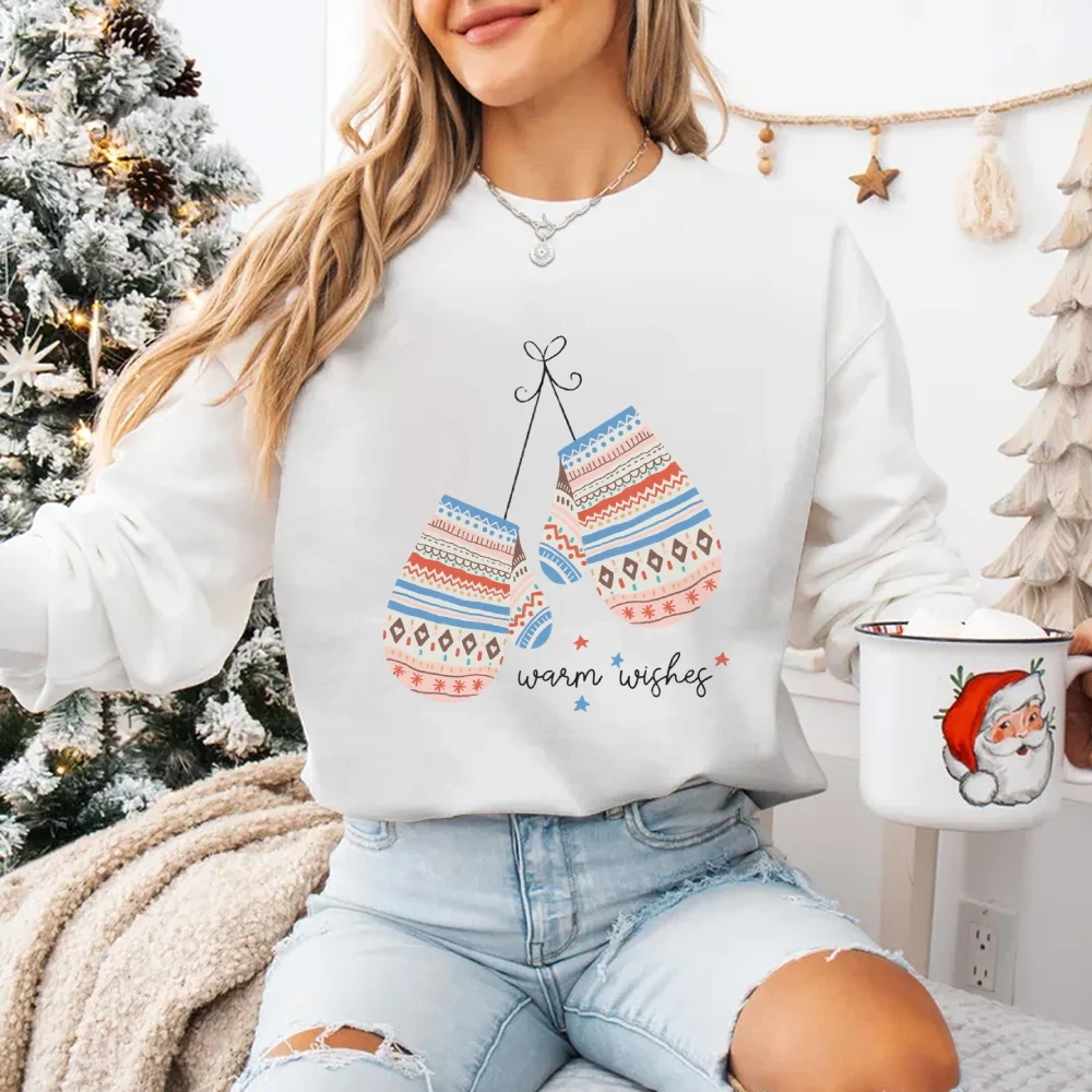 Christmas Striped Cute Gloves Printed Sweater Crew Neck Loose Casual Cotton High Quality 2024 New Girls Sweatshirt