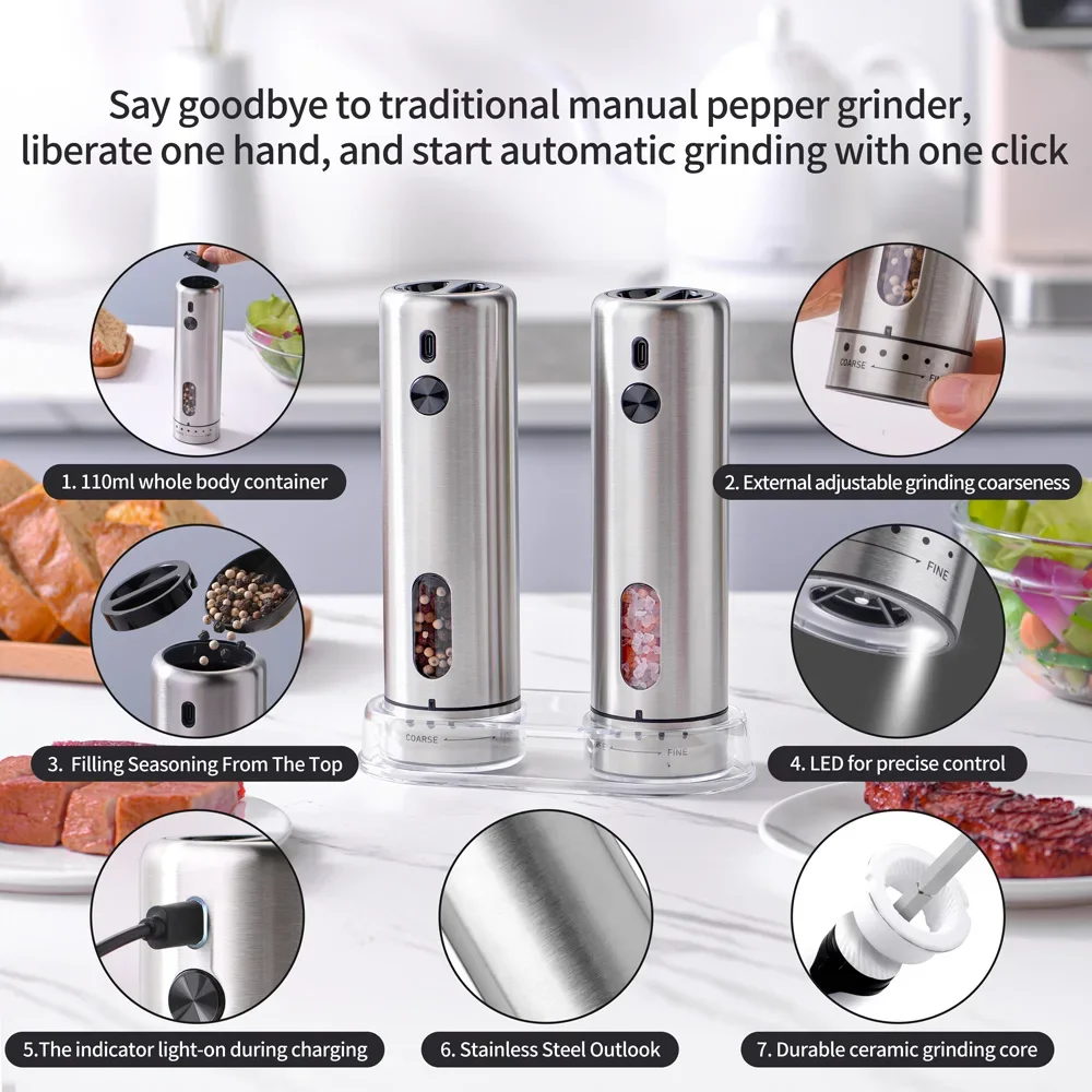 External Adjustable Pepper Grinder Portable Stainless Steel Salt & Pepper Mill Rechargeable Electric Spices Grinder Kitchen Tool