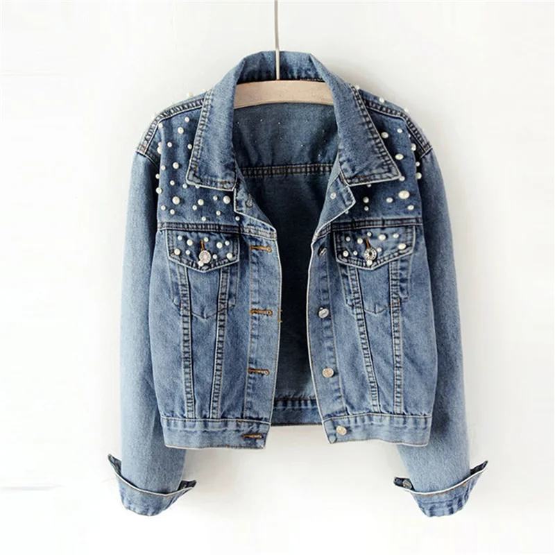 【TODAY-ONLY!】Women's Jean Jacket Embroidered Rivet Pearl Short Denim Jacket Coat