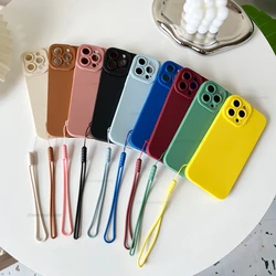 Luxury Square Liquid Silicone Phone Case For iPhone 12 13 Mini 11 14 Pro Max XS MAX XR X 7 8 PLUS SE Candy Soft Cover With Strap