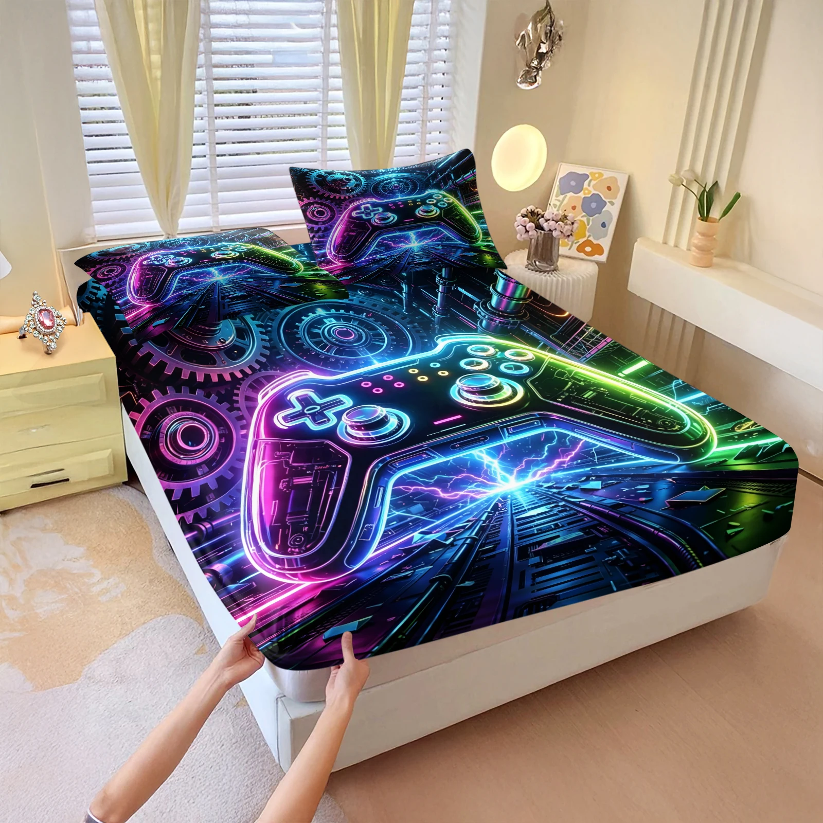 Neon Game Controller Fitted Sheet Set Cyberpunk Gamepad Print Bed Sheet with Pillowcases Soft Microfiber Mattress Cover for Game