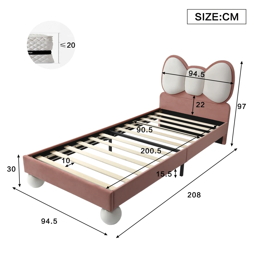 PINGGO Kinderbett, Einzelbett, 90 x 200 cm, Samt-Kopfteil in Fliegenform, Farbe, verstellbares LED-Licht, stabile Latten, ohne Matratze – Detail 10