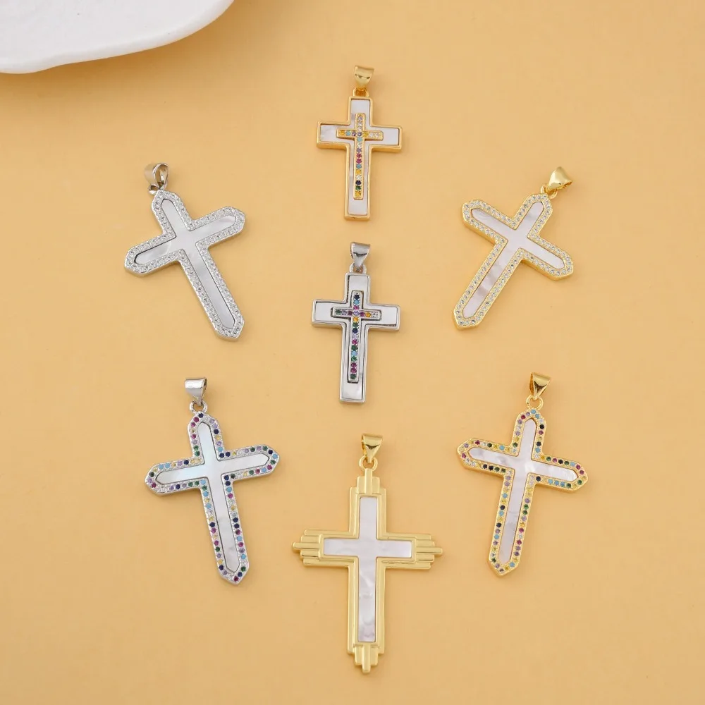 1 Piece Copper Plated Cross Shell Pendant DIY Charm Necklace Making Accessories Micro Inlay Color Zircon Luxury Parts Wholesale