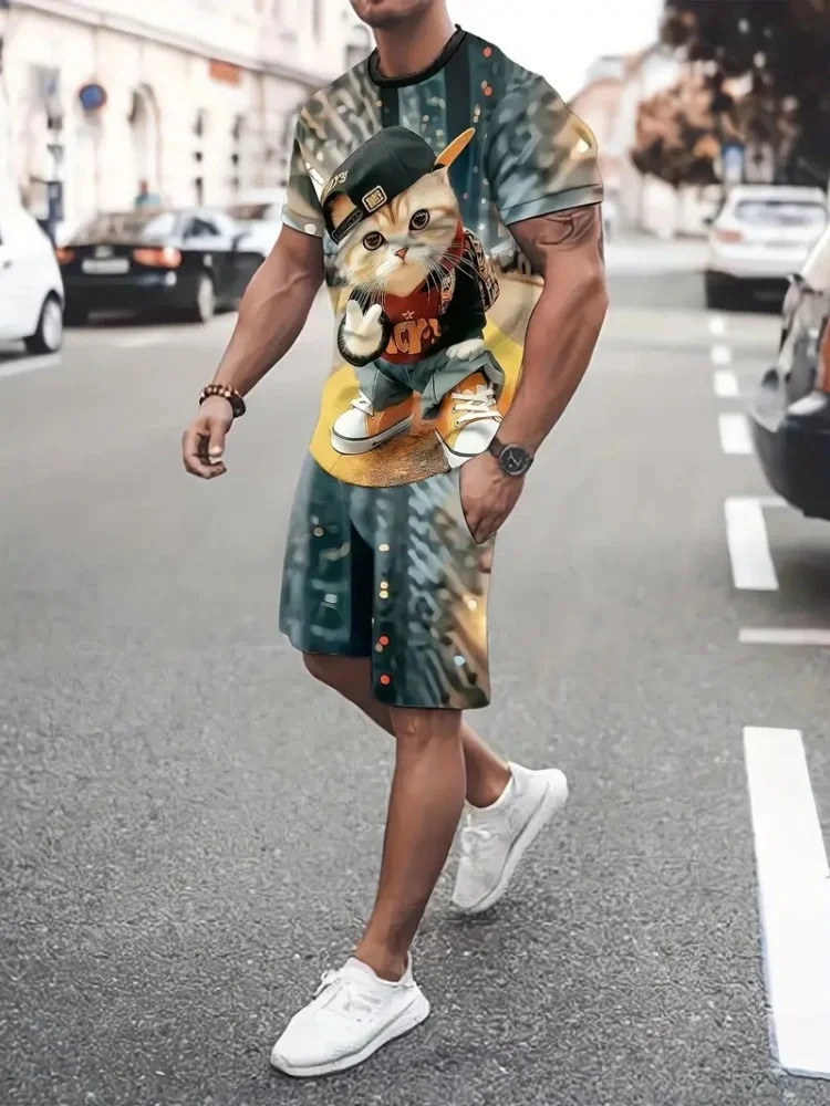 Personality Fashion 3D Cartoon Pattern Printing 2025 New Men's Round Neck Short Sleeve Shorts Set Casual And Comfortable Trend