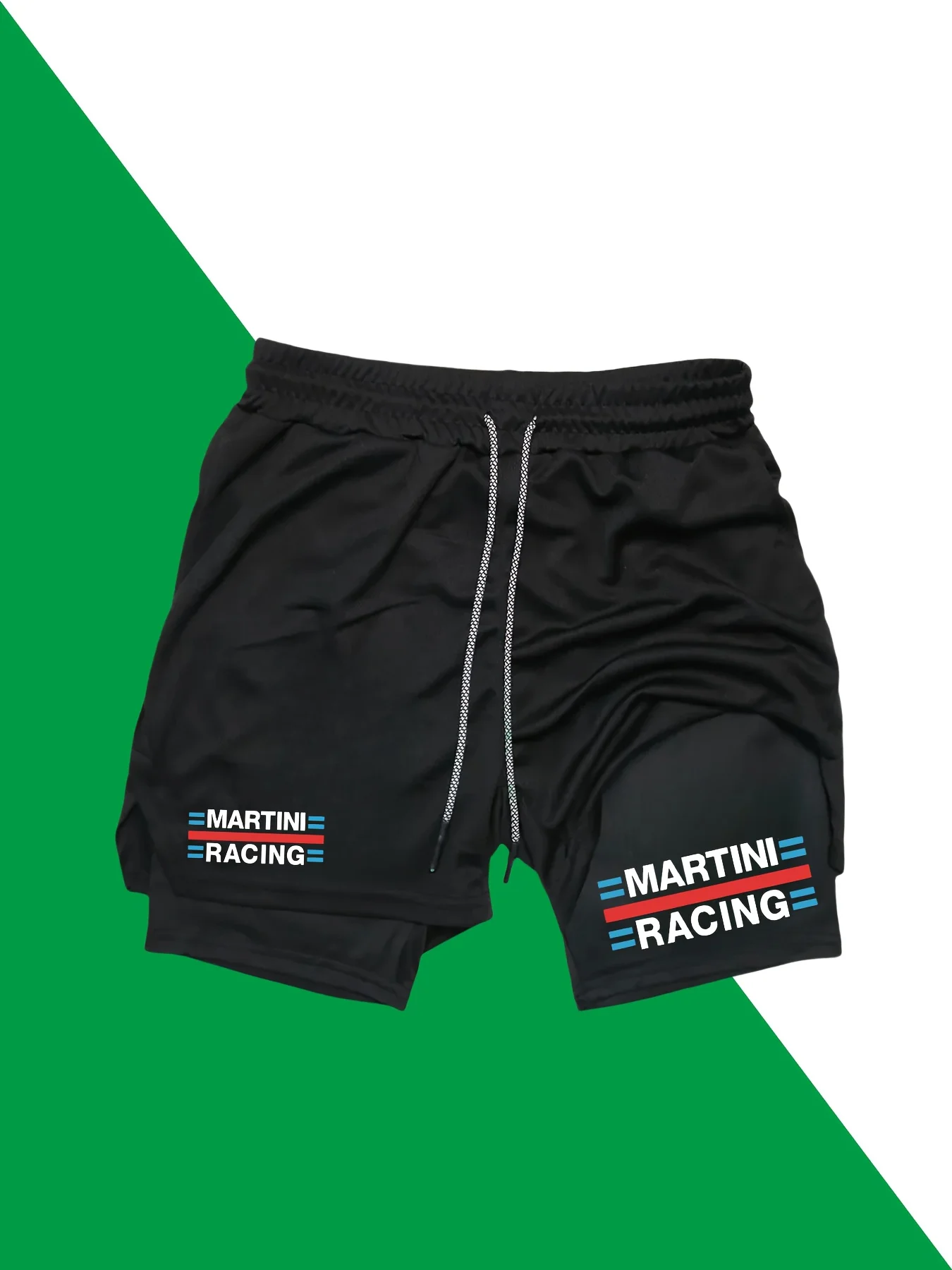 

Men'S 2-in-1 Dual-Layer "MARTINI" Print Athletic Shorts Stretchy Quick-Dry Polyester Black with Blue Accents Perfect Gym Running