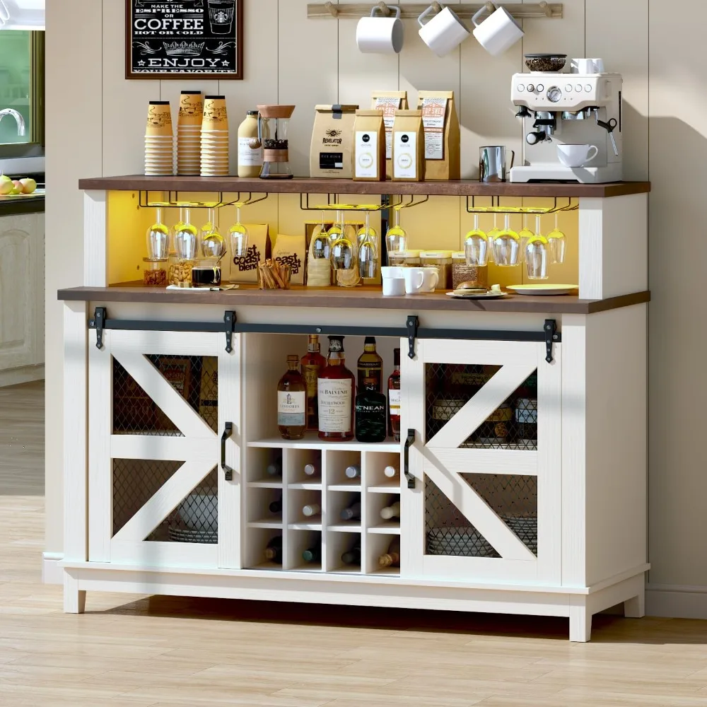

55" Coffee Bar Cabinet with LED Lights, Farmhouse Wine Bar Cabinet for home with wine glass rack, Kitchen Buffet Cabinet