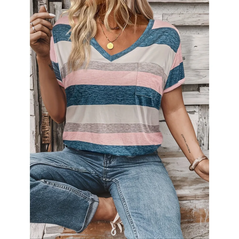 Plus Size Women's Summer New  Stripe Print Pocket hort Sleeve T-shirt Fashionable Casual Loose Printed Pattern T-Shirt