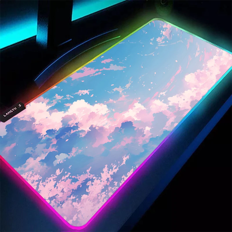 Alfombrilla LED para ratón, alfombra RGB para ordenador portátil, alfombrilla para teclado Kawaii, alfombrilla para ratón con nubes rosas, borde, borla blanca, alfombrilla de goma para escritorio extendida