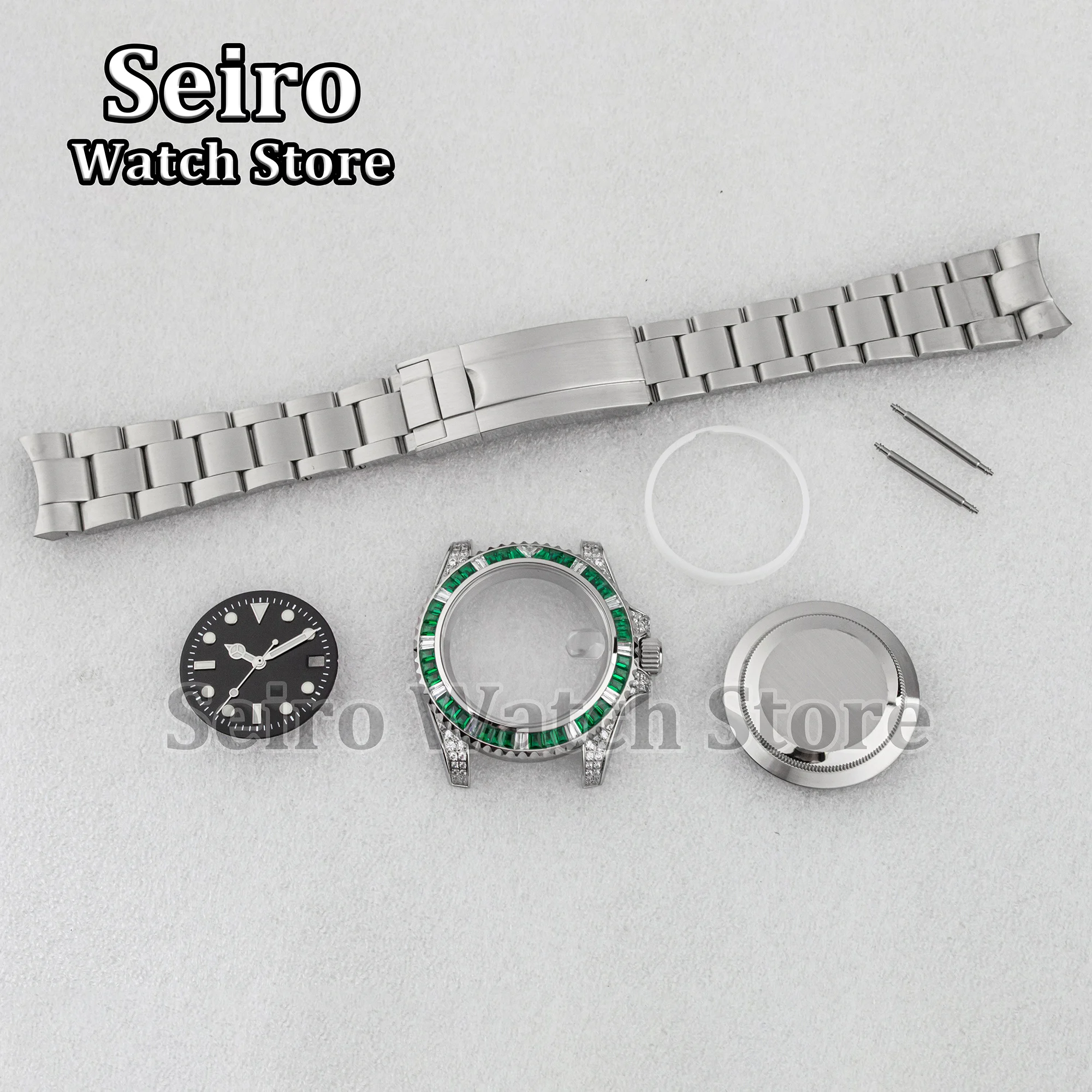 Full Diamond 40MM Watch Case Oyster Strap Sapphire Glass Green Luminous Hands 28.5MM Dial for Submariner NH34 NH35 NH36 Movement