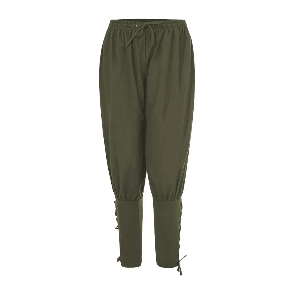 Men Pants Ankle-banded Lace-up Strap Elastic Waist Pleated Loose Cropped Trousers Cosplay Costume