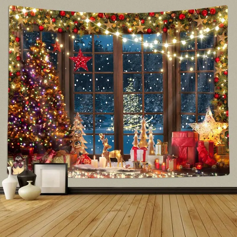VIKAMA Christmas Tree Wall Hanging Tapestry, Cozy Winter Scene with Gifts Candles Snow Wreath Star for Holiday Home Decor