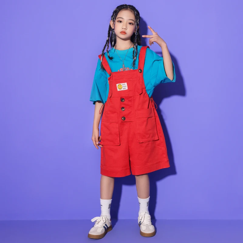 Kids Ballroom Hip Hop Clothing Blue Tshirt Red Short Rompers Overall Street Outfits For Girls Boys Jazz Dance Costume Clothes