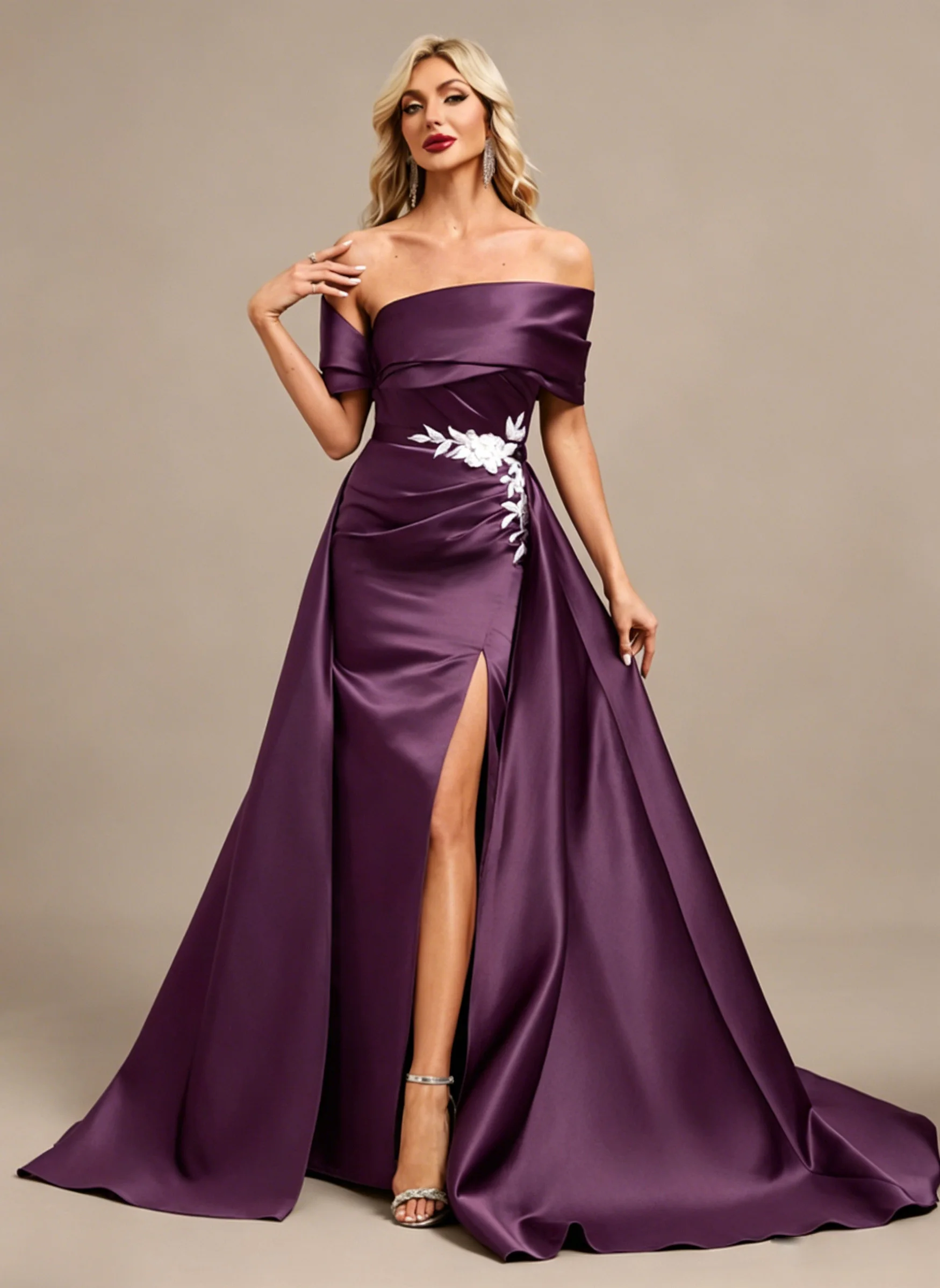 

ROSES Purple Evening Gown One-Shoulder Trumpet Ruched Satin Party Dress Pleats Satin High Side Slit فستان سهرة Long Dresses