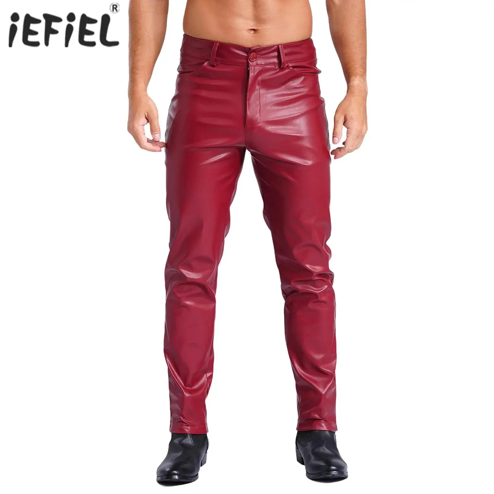 Mens Wetlook Faux Leather Pants Pockets Smooth Lining Straight Pants Tights Leggings for Daily Wear Music Party Clubwear Costume