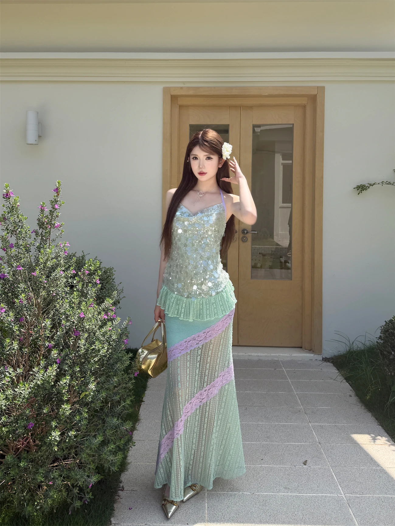 

Heavy Embellished Lace Halter Neck Strap Women's Skirt Purple Lace Splicing Original Vacation Style Sweet Style Long Dress
