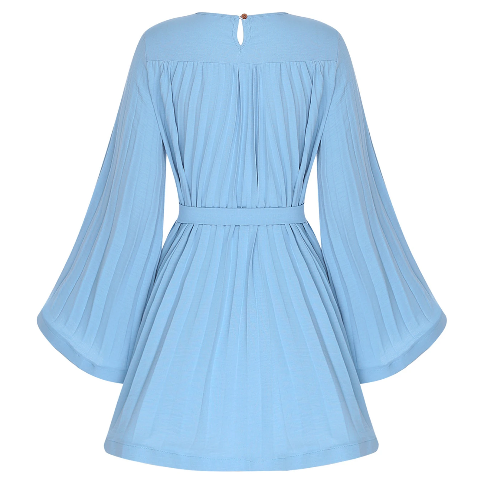 Minivestido liso para mujer, vestido plisado bohemio, elegante vestido plisado con cinturón acampanado de manga larga, vestido acampanado, ropa para mujer
