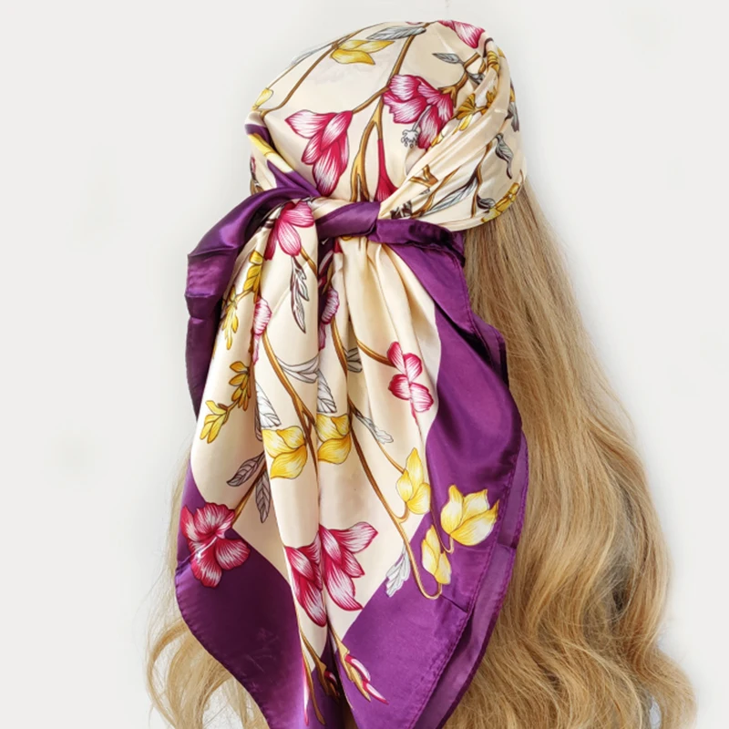 90*90cm Silk Scarf Women Print Hair Neck Square Office Ladies Shawl Bandanna Muslim Hijab Handkerchief Muffler Foulard female