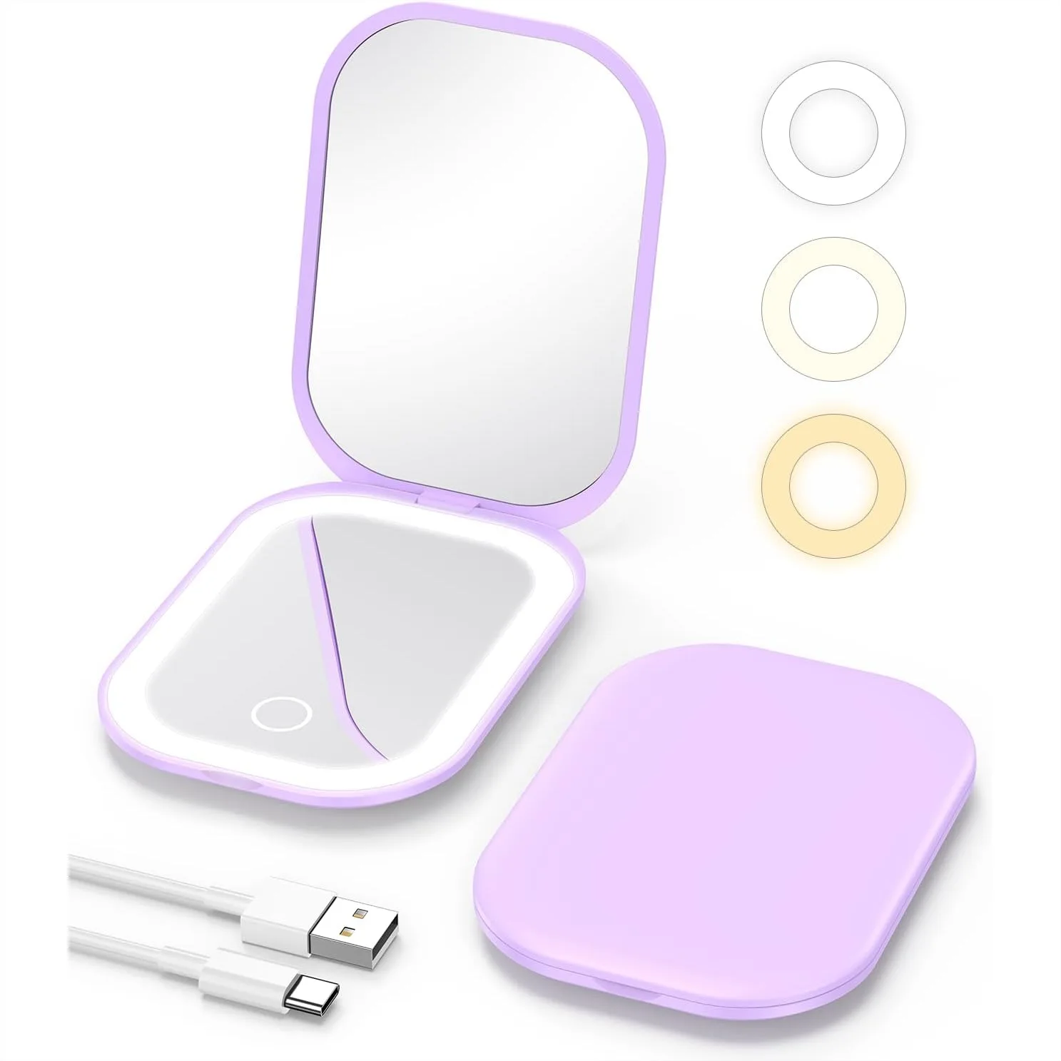 

Lighted Compact Mirror with 1X/3X Magnification, Stepless Dimming 3-Color Lights, Rechargeable for Purse and Travel - Purple