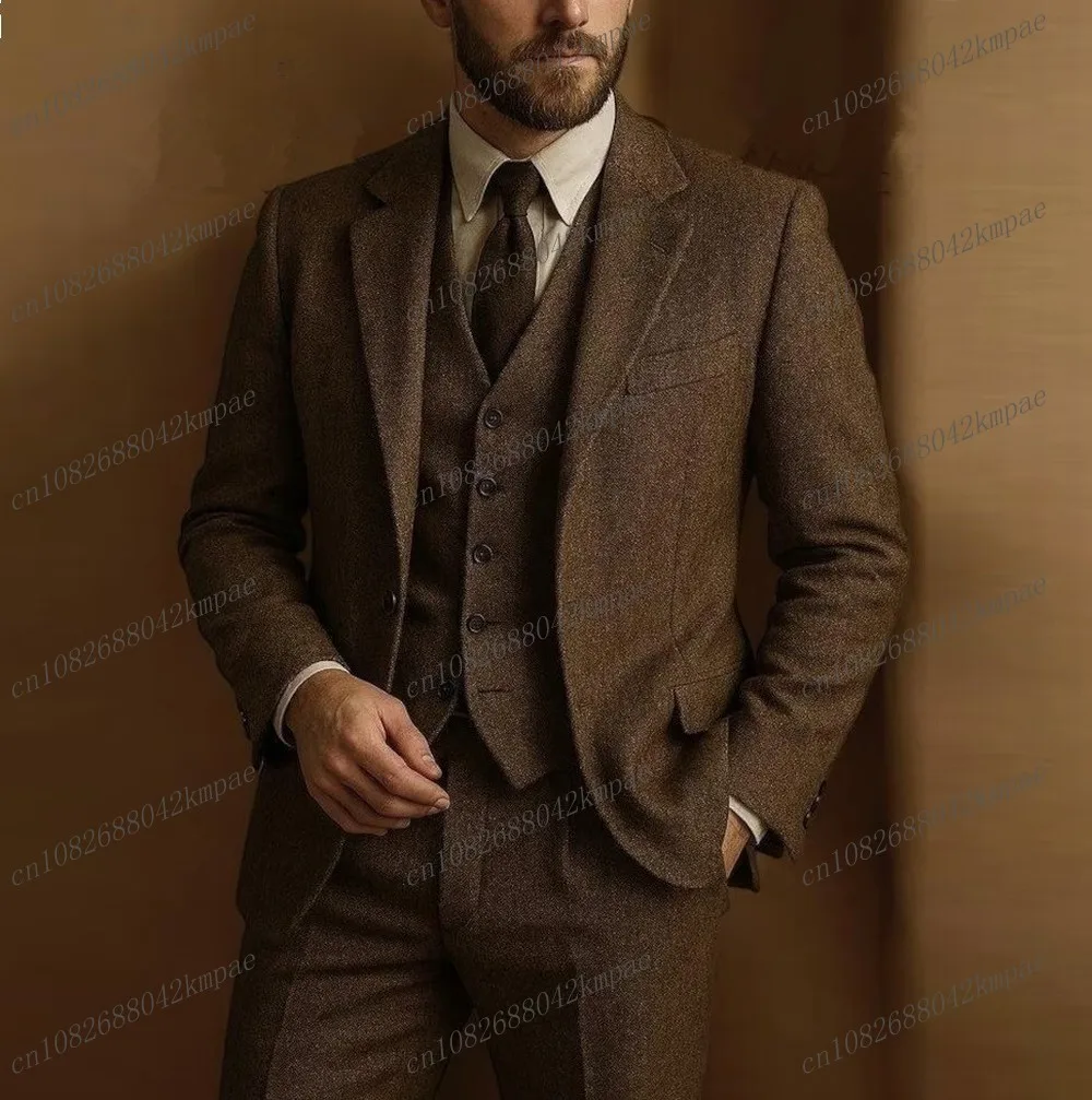 

Коричневый шерстяной мужской костюм для торжественных случаев, жениха, жениха, свадебной вечеринки, выпускного вечера, деловые мужские смокинги, комплект из 3 предметов, пиджак, жилет, брюки