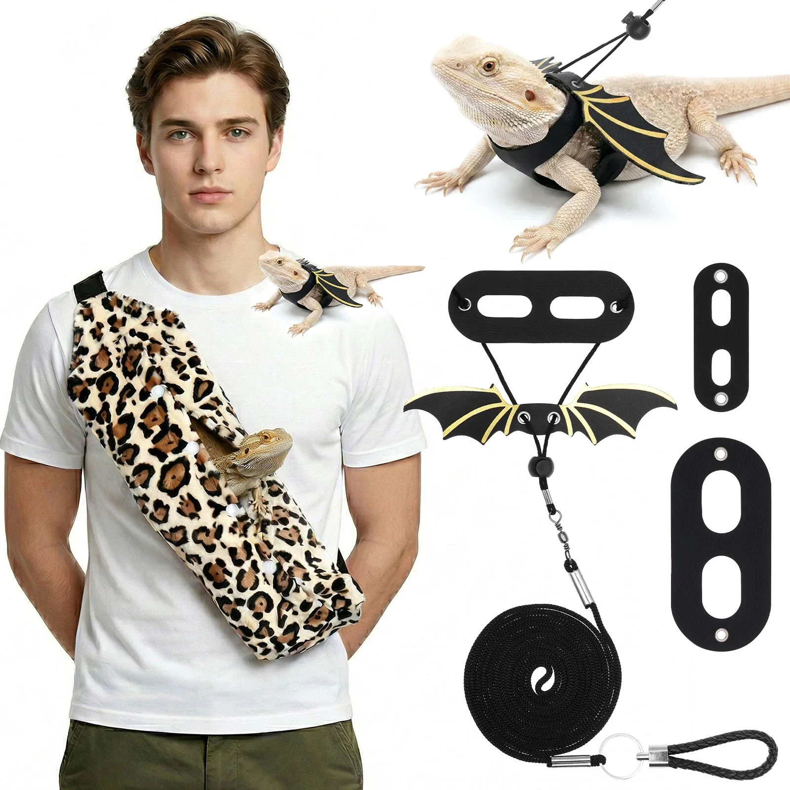 3 Piece Set Bearded Dragon Lizard Leash Harness Clothes Reptile Small Pet Backpack with Wings Adjustable Carrying Travel Bag