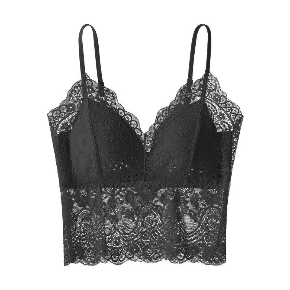 Elegant French Lace Crop Top Seamless Can Be Worn Outside Girl's Vest Top with Chest Pad V-Neck Camisole with Pads Women