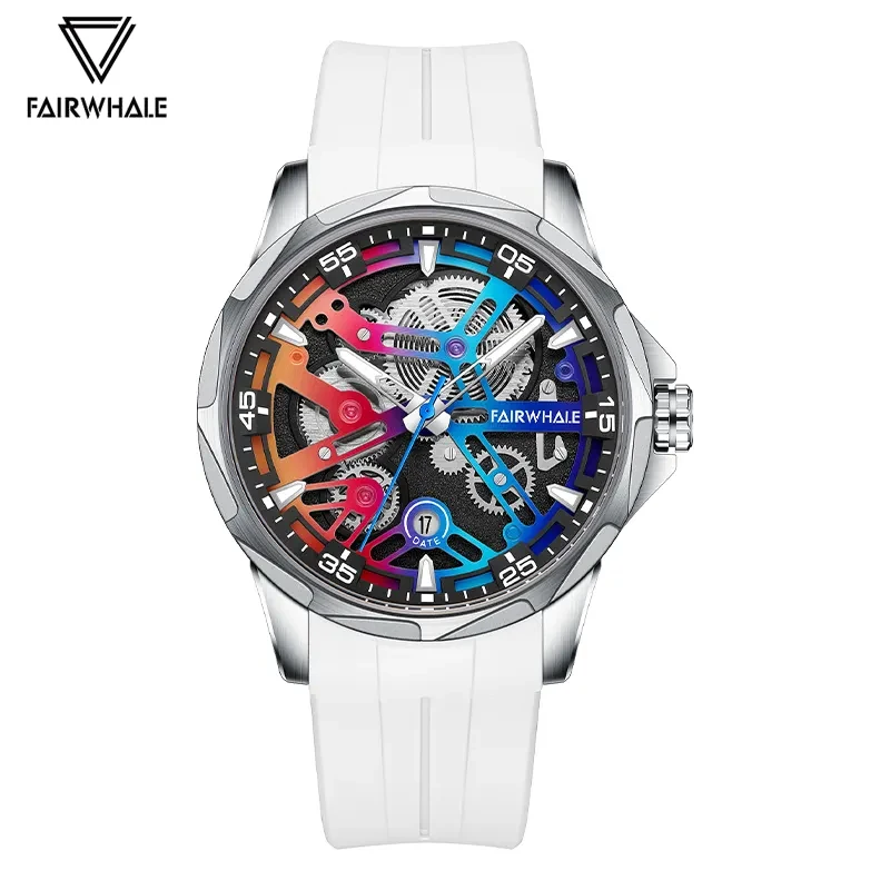 Luxe Automatische Horloge Heren Mode Merk Fairwhale Sport Siliconen Band Waterdichte Regenboog Wijzerplaat Mechanisch Polshorloge 2023