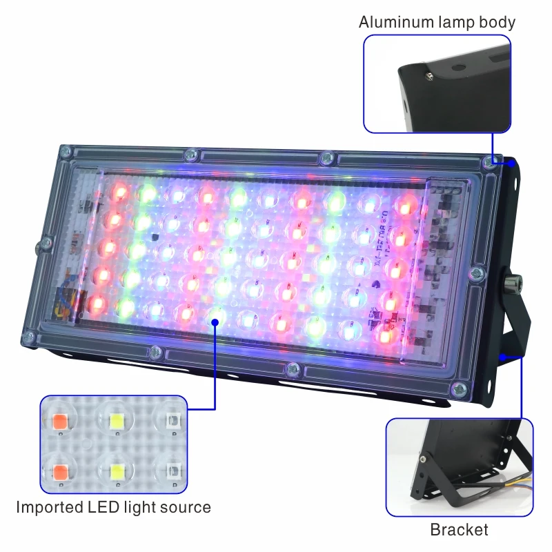 Projecteur LED imperméable avec télécommande, conforme à la norme IP65, éclairage d'extérieur, RVB, AC 220/230/240V, 50W