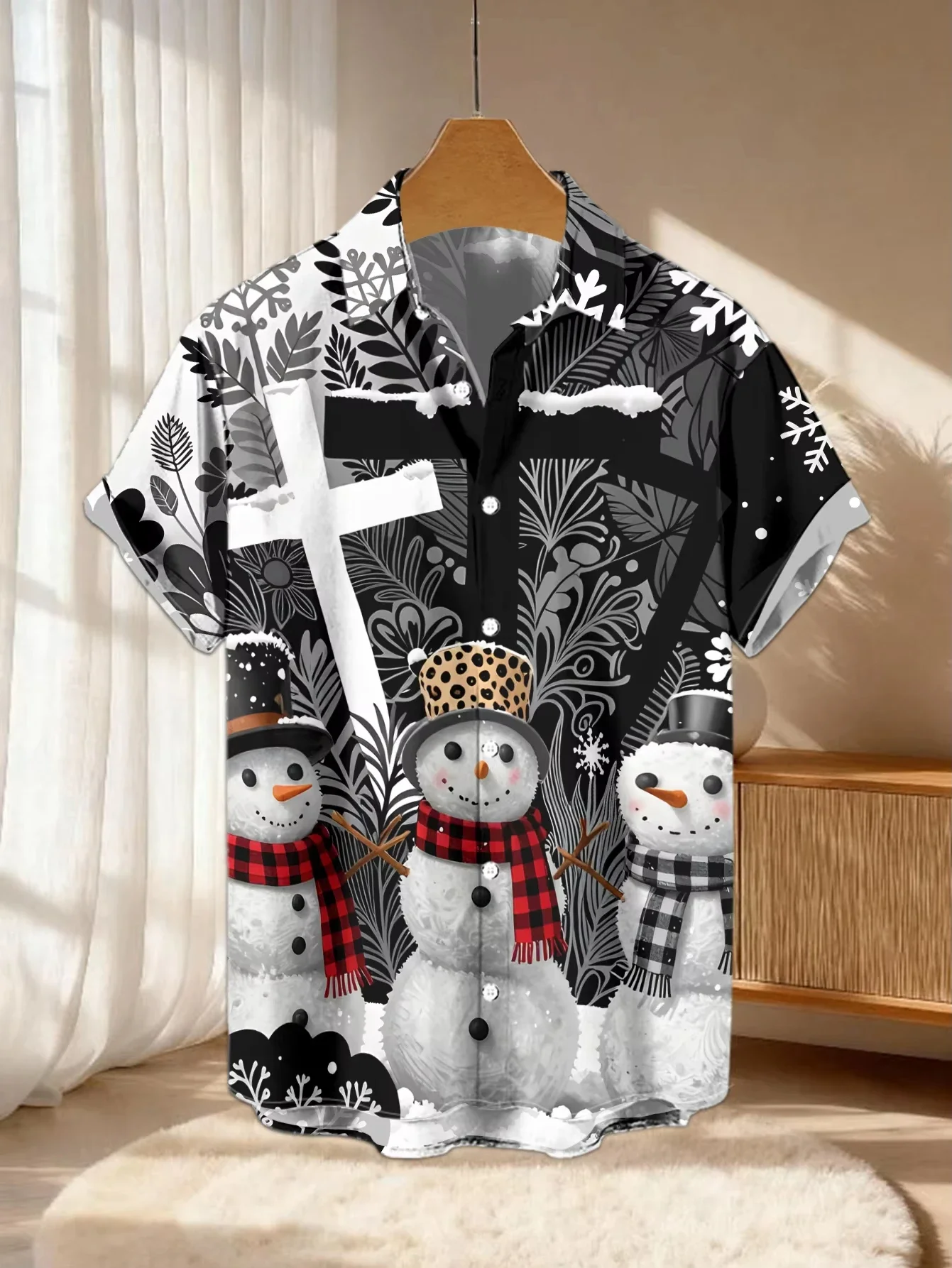 Men Short Sleeve Shirt Christmas Santa Snowflake Print Lapel Casual Loose Holiday Party Button Down Tops Men's Clothing