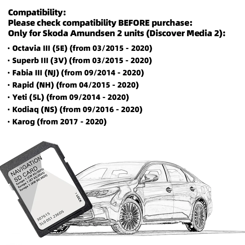 32GB SD Memory Card UK Europe Maps GPS Discover Media MIB2 Navigation for Skoda A1 2025 Octavia III (5E) with Free Shipping