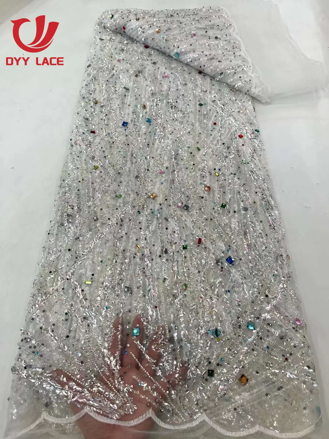 2023 Latest Sequins Nigerian Lace Fabrics Fashion Women African Tulle Lace Luxury Crystal Stones Fabrics For Wedding  5 Yards