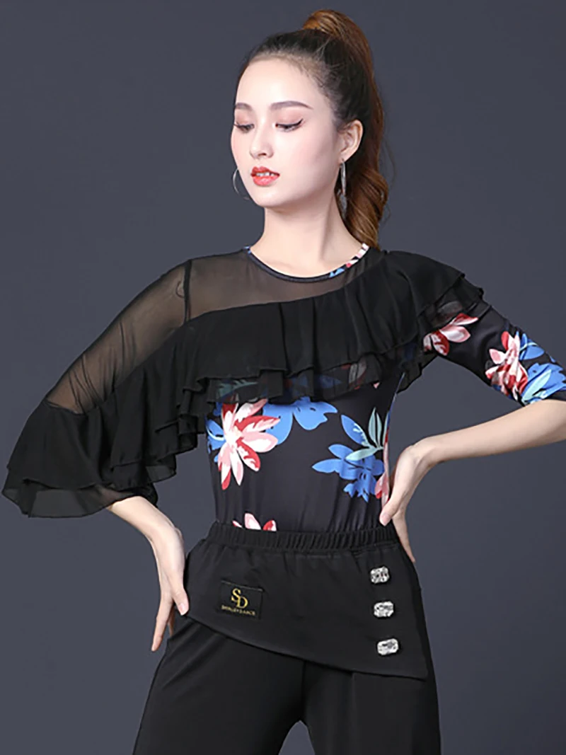 Women Square Ballroom Dancewear New Latin Dance Dress Oblique Shoulder Print Ruffles Mesh Middle Sleeve Top Dancer Clothes