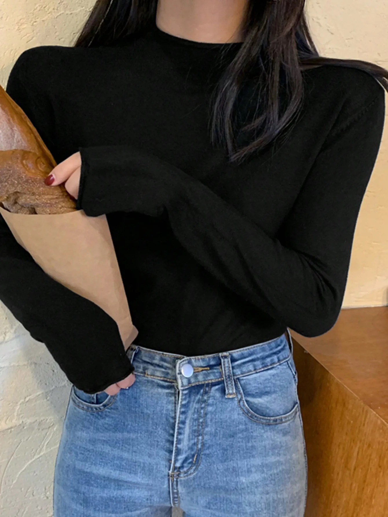 Korean Chic Early Autum Normcore Style Black Half Turtleneck Inner Layering Shirt Slim Fit Versatile T-Shirt for Women