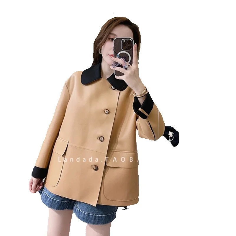 New Year's Polo Collar Sheepskin Composite Worn Wool Double Art Genuine Leather Coat