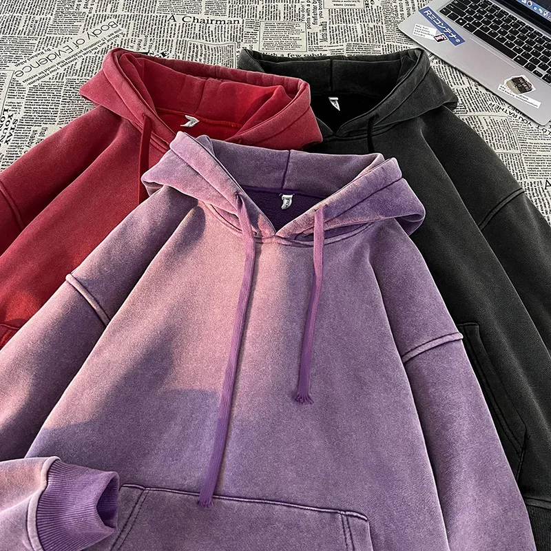 New Men\'s Solid color washed hoodie Sweatshirt  Couple Hoodie Long Sleeve Loose hip-hop youth Street Boy Pullover Sweater 2024