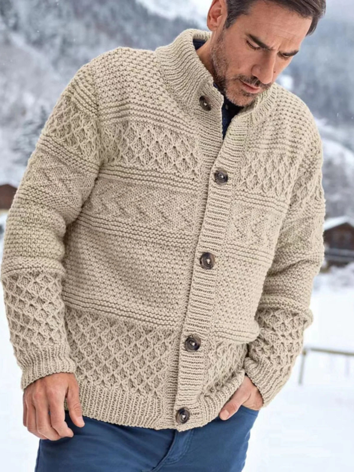 

Мужской вязаный свитер на осень-зиму, однотонный, с узором косы, на пуговицах, модный городской стиль, с длинными рукавами, теплый, повседневный.