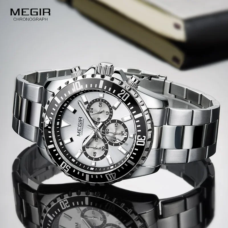 MEGIR Men's Chronograph Quartz Watches Stainless Steel Waterproof Lumious Analogue 24-hour Wristwatch for Man Green Dial 2064G-9